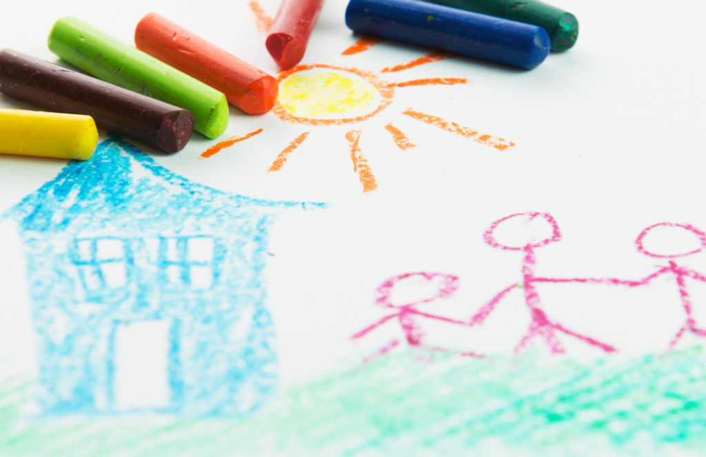 Child's drawing of three stick figures, a house and a sun.