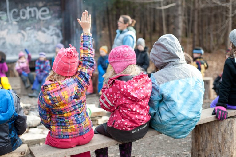 Children outdoors on bench.