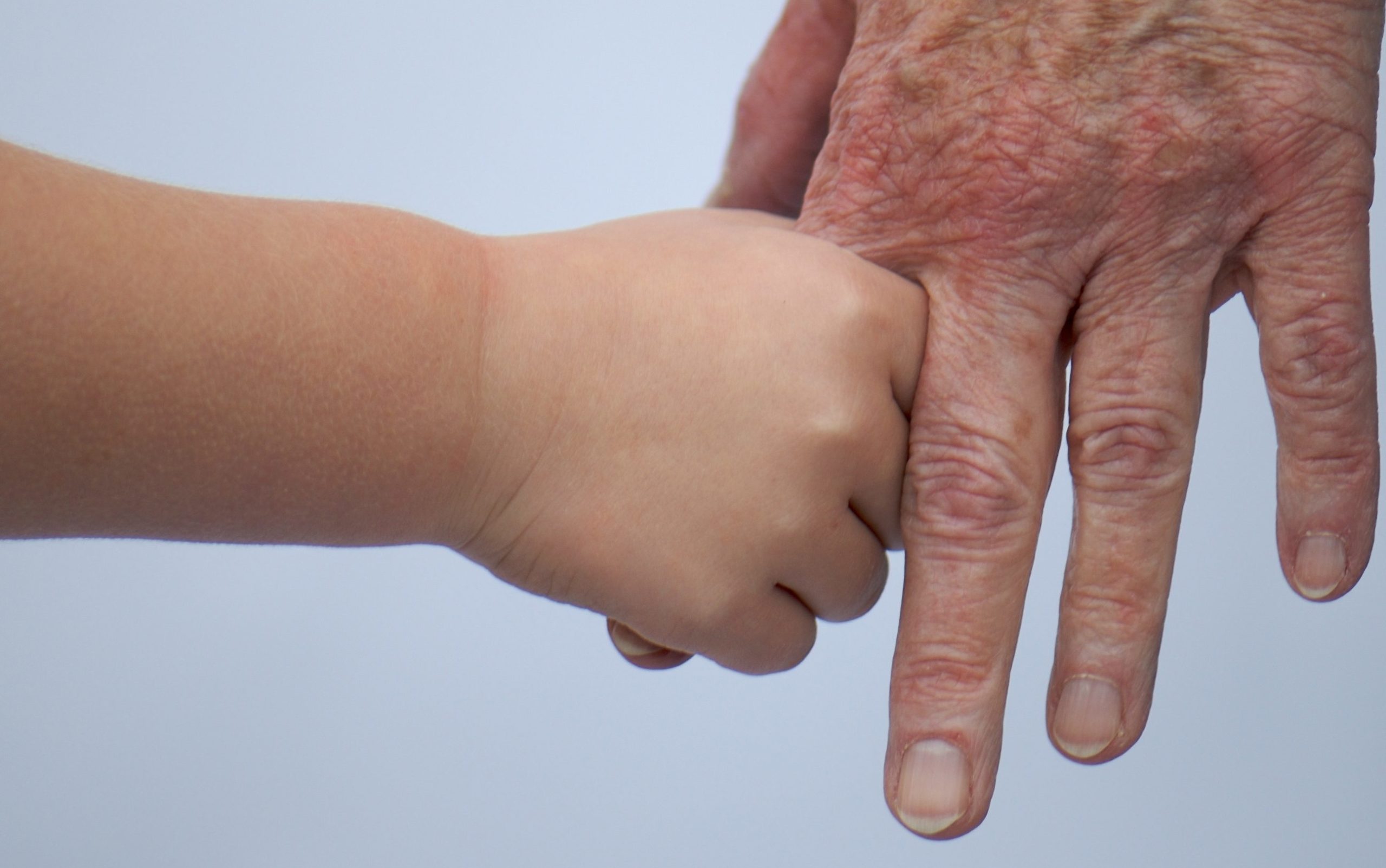 Toddler hand holding with elderly person.
